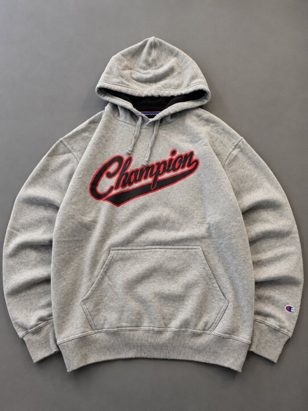 Champion Script Logo Fleece Hoodie Gray Red Black Pullover Y2K L